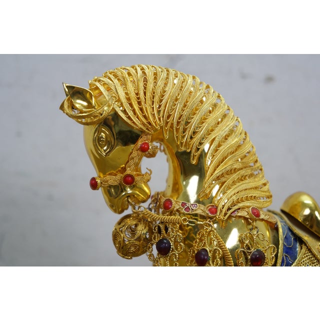 Vintage Chinese Gold Plated Jeweled Tang Horse Sculpture Statue 10" For Sale - Image 10 of 16