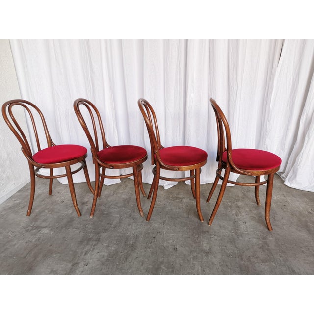 1970s Vintage Bentwood Bistro Chairs with Red Upholstery, 1970s, Set of 4 For Sale - Image 5 of 18