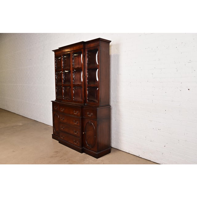 English Baker Furniture Style Georgian Mahogany Bubble Glass Breakfront Bookcase Cabinet With Drop Front Secretary Desk, Circa 1940s For Sale - Image 3 of 14