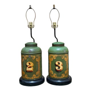 Pair of Antique Tole Tea Canister Table Lamps For Sale