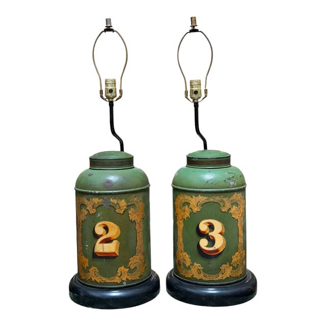 Pair of Antique Tole Tea Canister Table Lamps For Sale