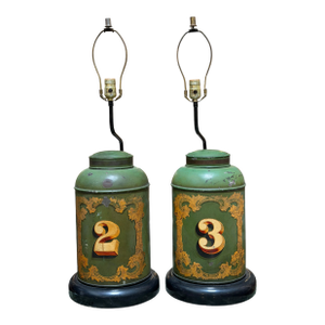 Pair of Antique Tole Tea Canister Table Lamps