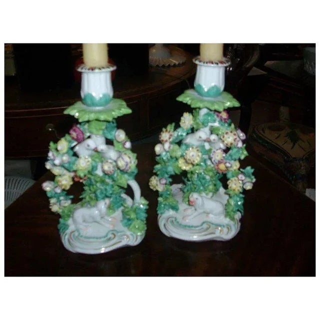 Ceramic Antique 19th Century Samson Porcelain Candlesticks After Chelsea With Hounds & Birds in Bocage - a Pair For Sale - Image 7 of 9