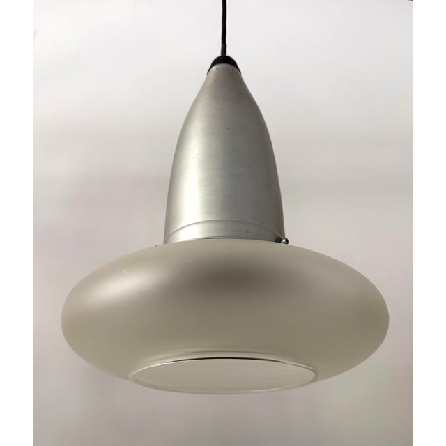Mid-Century Modern 1960s Space Age Brushed Aluminum & Frosted Glass Pendant Lights a Pair For Sale - Image 3 of 10