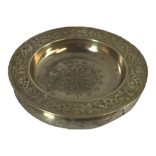 Vintage Brass Two Piece Etched Brass Ashtray For Sale