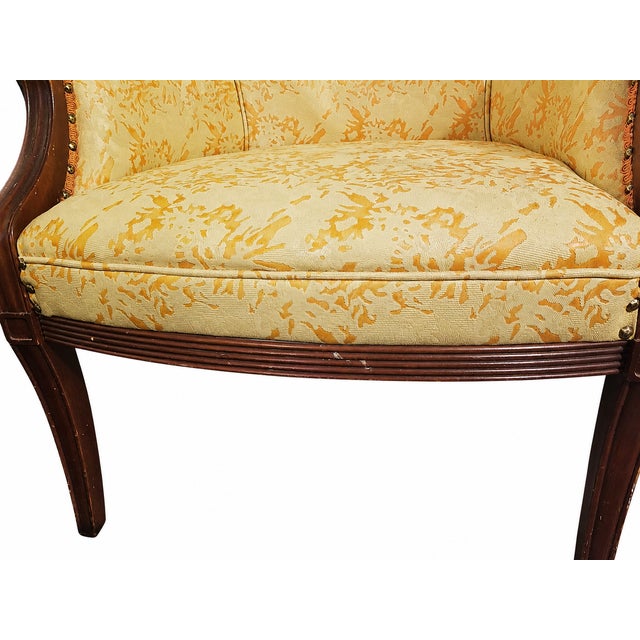 Wood Vintage Wingback Lounge Chair With Solid Wood Frame & Yellow Damask Upholstery For Sale - Image 7 of 9