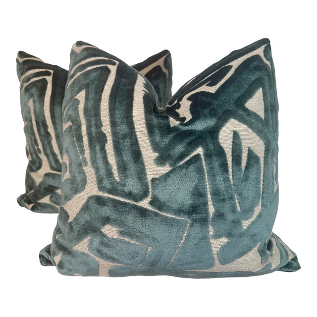 Opuzen "Acdc" in Teal 22" Pillows-a Pair For Sale