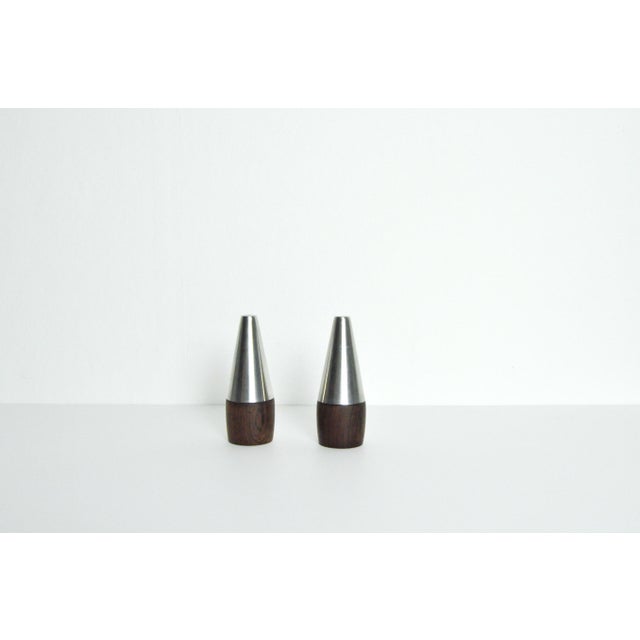 Brown Danish Modern Rosewood and Stainless Steel Salt and Pepper Shakers, 1960s, Set of 4 For Sale - Image 8 of 12
