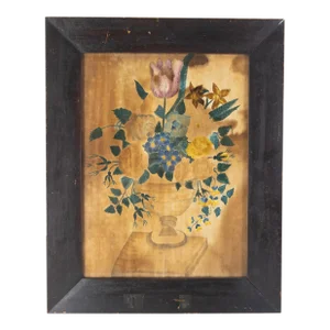 19th Century American Folk Art Watercolor Theorem on Velvet Floral Still Life