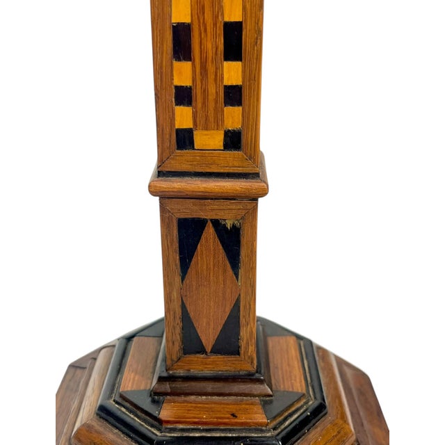 Brown Pair Antique Italian Marquetry Inlaid Wood Candlestick Holders With Octagonal Base For Sale - Image 8 of 18