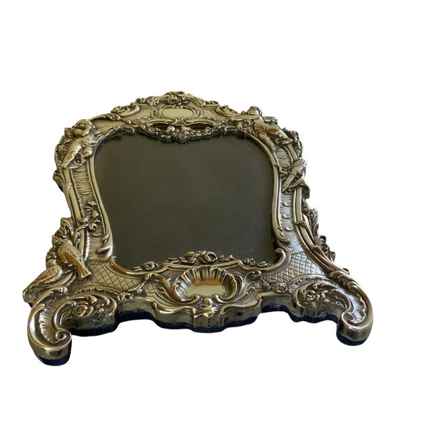 Art Nouveau Antique Edwardian Jr Sterling Silver Art Nouveau Ornate Cherub & Bird Table Mirror Frame .925 Made in England 1910s For Sale - Image 3 of 4