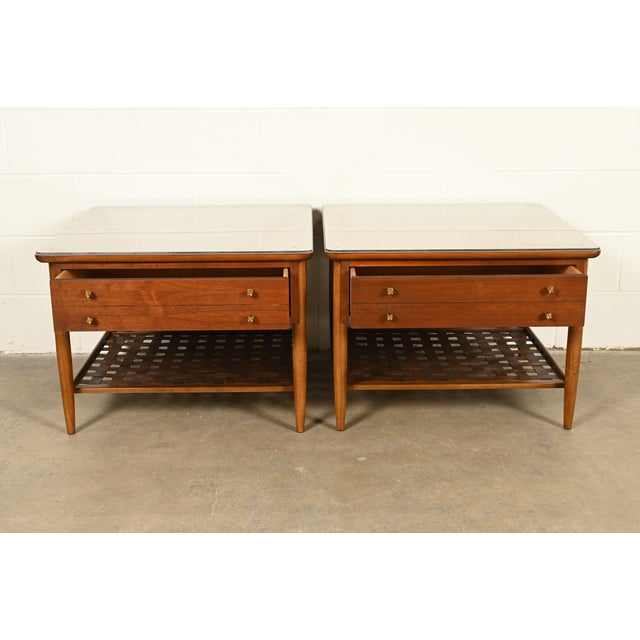Wood Paul McCobb Style Mid-Century Modern Walnut and Woven Shelf End Tables by Lane, Circa 1960s For Sale - Image 7 of 15