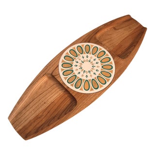 Vintage Fred Press Teak Tray With Trivet Center For Sale