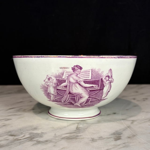 18th Century Period English Pink Lustreware Transferware Bowl - Woman at Pianoforte For Sale - Image 4 of 10