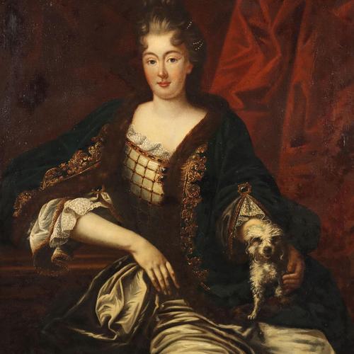 French School Artist, Portrait of a Noblewoman with a Puppy, 1700s, Oil Painting, Framed For Sale - Image 3 of 12