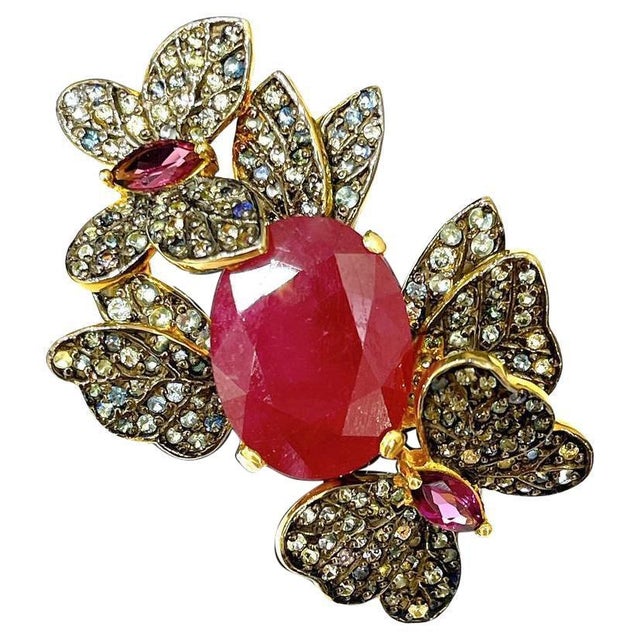 Bochic "Orient" Vintage Ruby & Sapphire Vintage Cluster Ring Set 18K & Silver For Sale - Image 15 of 18