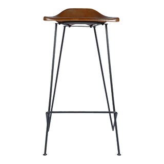 Matthew Izzo Home Tackshop Brown Leather Seat and Iron Base Bar Stool For Sale