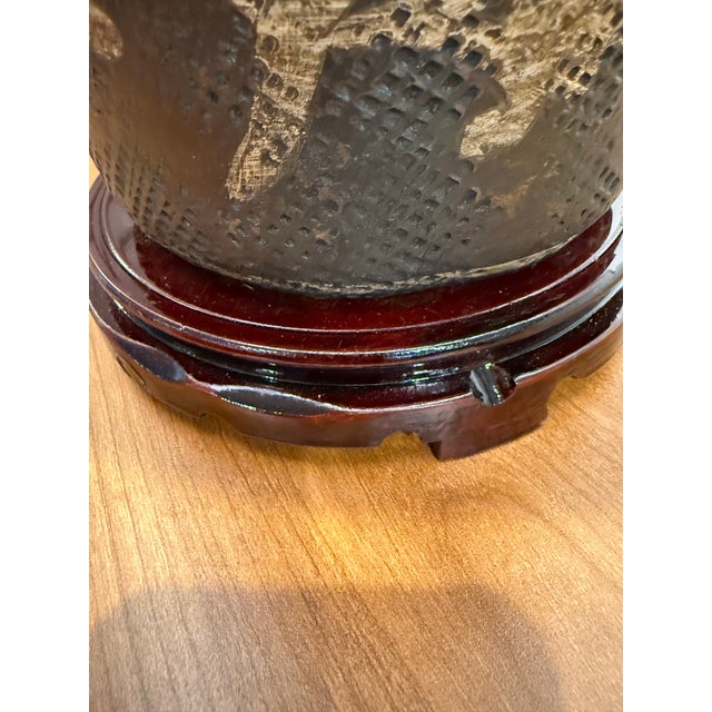 1990s Aged Brown Pottery Urn as Lamp With Decorative Carvings For Sale In Birmingham - Image 6 of 9