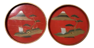 Round Wooden Urushi Lacquerware Trays, 1890s, Set of 2