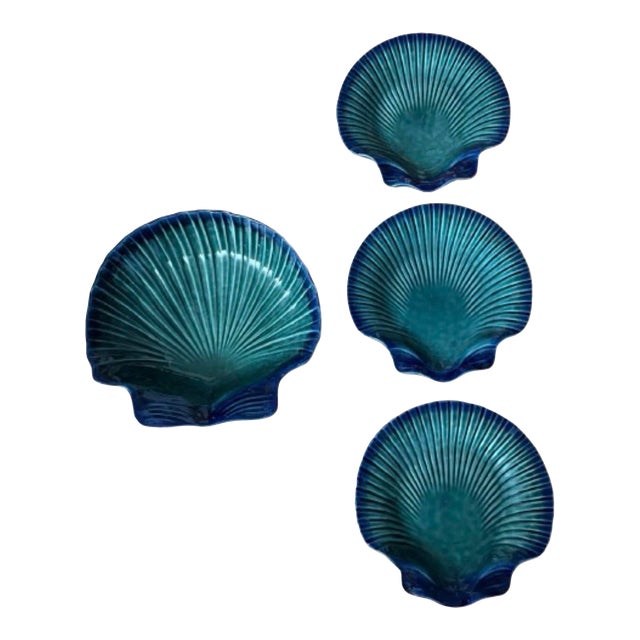 Vintage Portuguese Majolica Olfaire Blue & Green Clamshell Serving Bowl & Dish Signed and Embossed Mold Number - Set of 4 For Sale