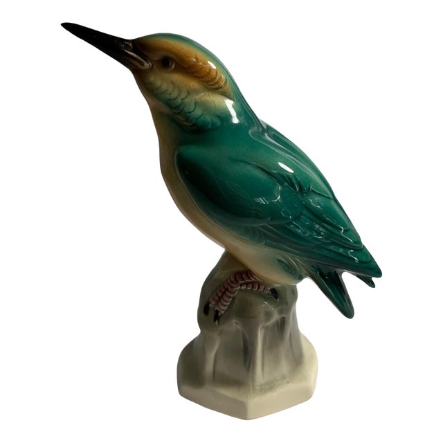 Rare 1930s German Hertwig Katzhutte Porcelain Kingfisher Bird Figurine Size 3 Early 20th Century Farmhouse Traditional For Sale