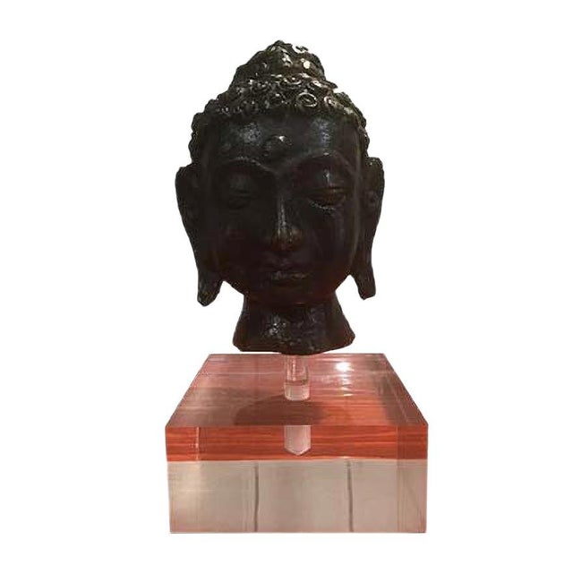 Antique Burmese Bronze Buddha Head with Acrylic Glass Base, 1900s For Sale - Image 9 of 9