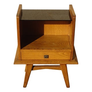 Vintage Bedside Table in Light Oak with Splayed Legs and Black Glass Top, 1960s For Sale
