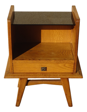 Vintage Bedside Table in Light Oak with Splayed Legs and Black Glass Top, 1960s