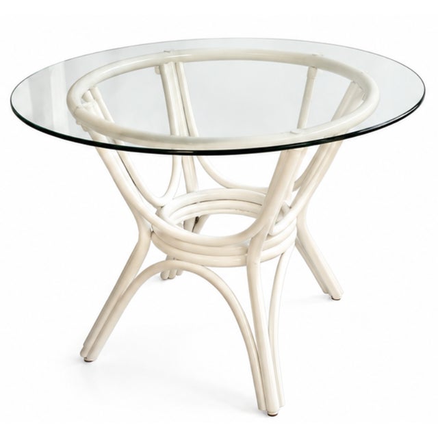 Hollywood Regency Vintage Hollywood Regency White Lacquer Faux Bamboo & Cane Dining Set — 5 Pieces For Sale - Image 3 of 8