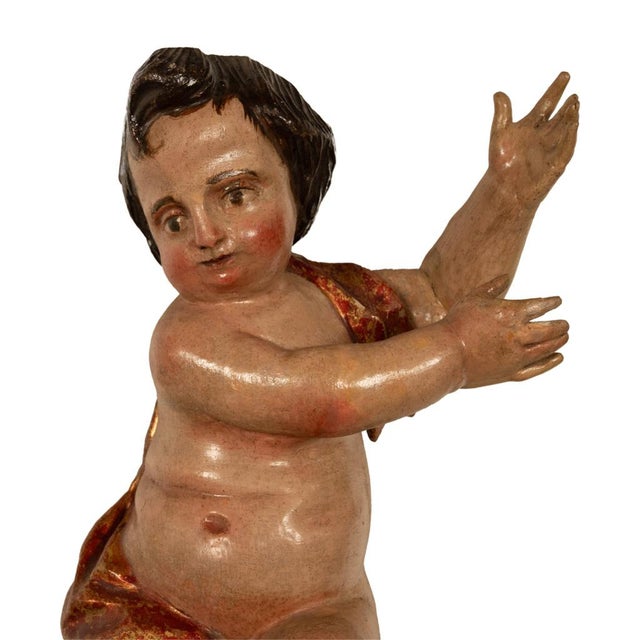 Pair Antique 18thC Italian Baroque Carved Polychrome Putti Angels Statues 1700 For Sale - Image 10 of 13
