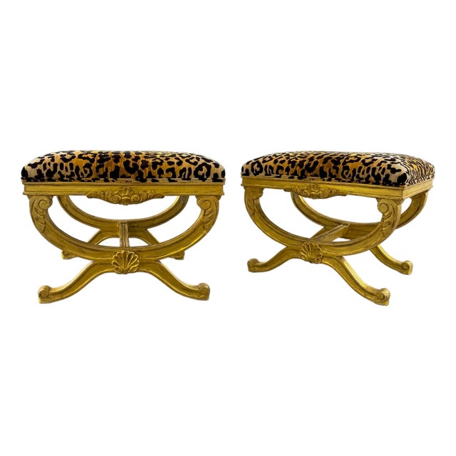 Mid-Century Italian Neo-Classical Style Giltwood & Leopard Velvet X-Base Ottomans - Pair For Sale