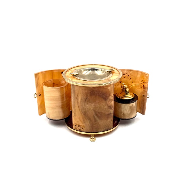 Luxury Smoking Set table lighter and cigars box and ashtray burl like resin, brass Italy 1970 H 14 × 14,5 cm diam....