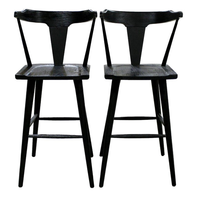 Four Hands Pair of 'Ripley' Black Oak Barstools - Black For Sale