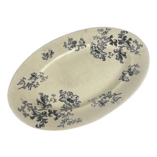 Large Oval Grey-Black Earthenware Platter with Damascus Pattern from Sarreguemines, Late 19th Century For Sale