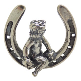 Vintage Italian Handmade Sterling Silver 925 Lucky Horseshoe with Cherub Figurine, 1980s For Sale