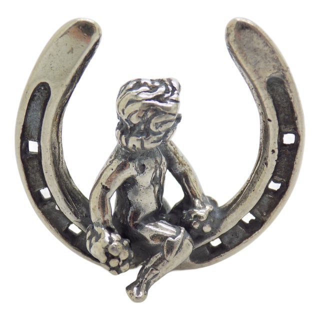 Vintage Italian Handmade Sterling Silver 925 Lucky Horseshoe with Cherub Figurine, 1980s For Sale
