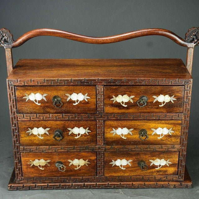 1980s Huanghuali Six-Drawer Chest / Vanity Organizer With Mother-of-Pearl Inlay For Sale In Los Angeles - Image 6 of 9