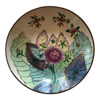 Vintage Hand-Painted Porcelain Floral Chinese Tobacco Leaf Brass Encased Low Bowl For Sale