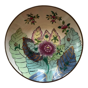 Vintage Hand-Painted Porcelain Floral Chinese Tobacco Leaf Brass Encased Low Bowl