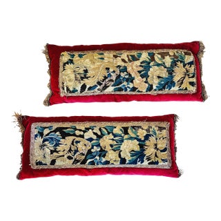 Antique 18th Century European Verdure Tapestry Fragment Velvet Pillows With Bullion Fringe- A Matching Pair For Sale