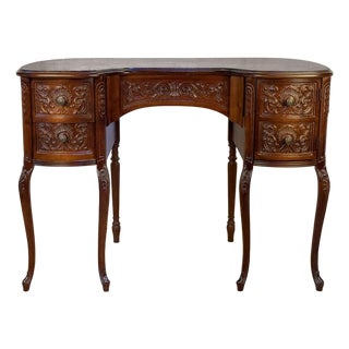 Vintage French Mahogany Carved Kidney Writing Vanity Desk For Sale