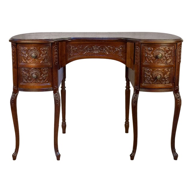 Vintage French Mahogany Carved Kidney Writing Vanity Desk For Sale