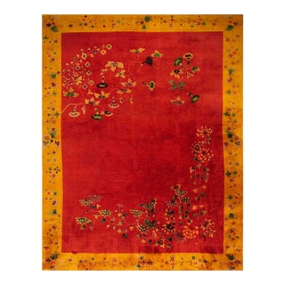 1920s Modern Red Field Asymmetrical Knotted Wool Antique Chinese Art Deco Carpet Rug For Sale
