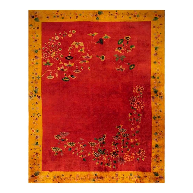 1920s Modern Red Field Asymmetrical Knotted Wool Antique Chinese Art Deco Carpet Rug For Sale
