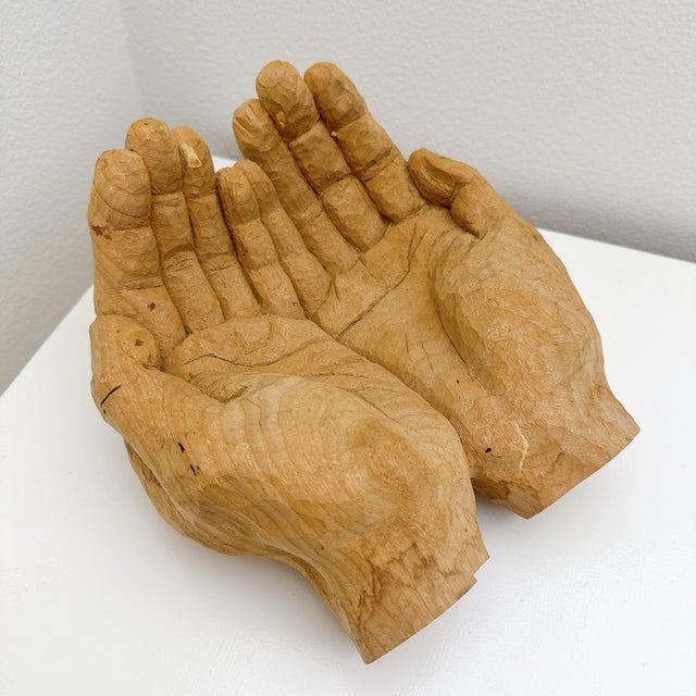 Vintage Primitive Hand Carved Wooden Cupped Hands Sculpture Folk Art Bowl Decor For Sale - Image 4 of 9