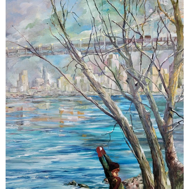 American E. Case -Children at Play at Park Over the Brooklyn Bridge-Monumental Oil Painting For Sale - Image 3 of 13