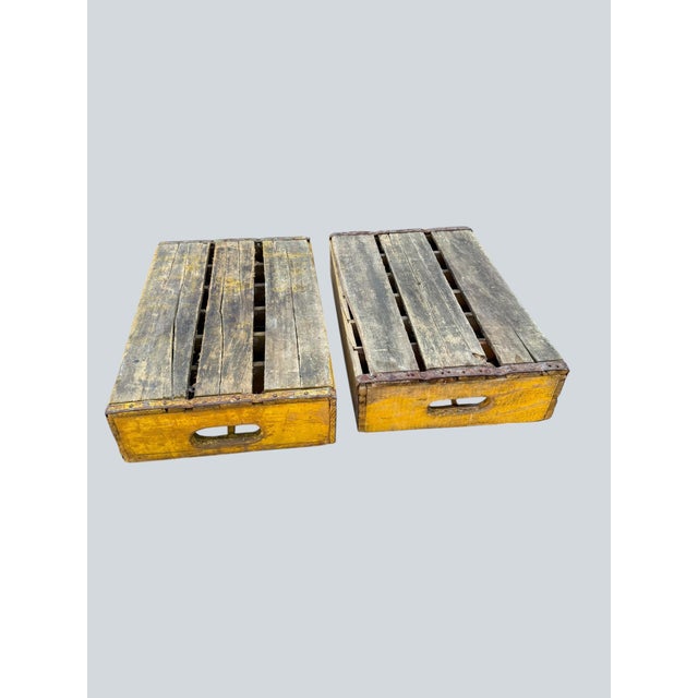 1960’s Vintage Yellow Coca-Cola Wooden Delivery Crates & Wailuku, Maui Hawaii Bottle Trio For Sale - Image 6 of 16