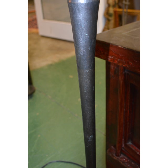 1990s Mission Style Stained Glass Floor Lamp Cream & Black W/ Bronzed Metal Column & Square Iron Base For Sale - Image 13 of 14