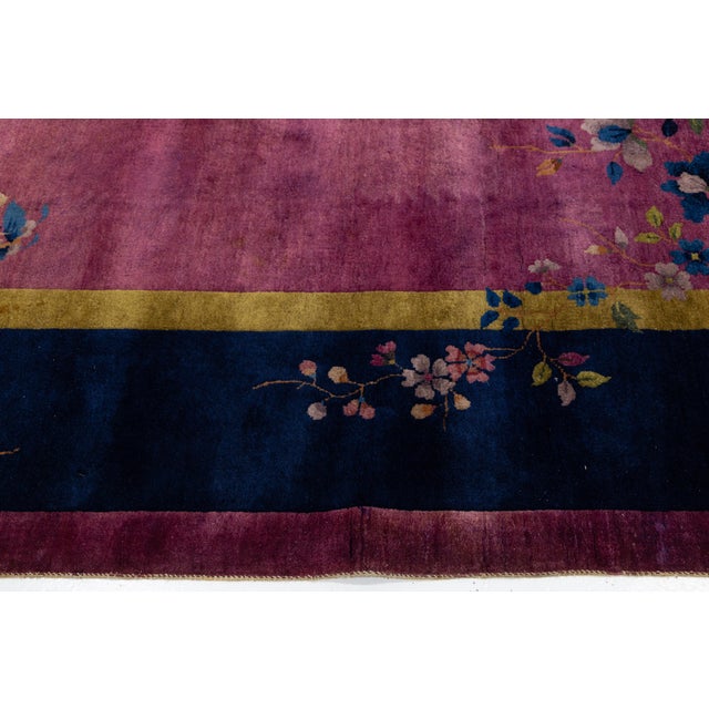 1920s Antique Chinese Art Deco Rug With Floral Branches in Magenta and Navy Blue For Sale - Image 10 of 13