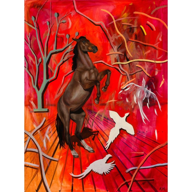 In "Red Storm," a powerful brown horse rears against a vibrant backdrop of swirling reds and oranges, evoking a sense of...